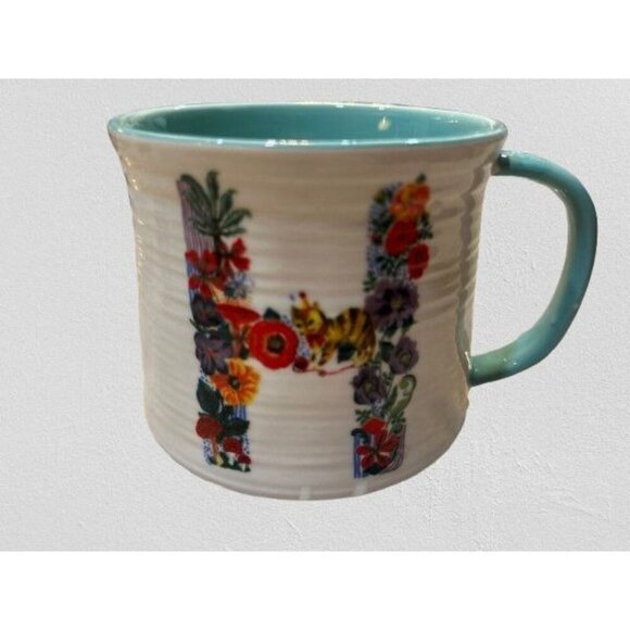 Anthropologie Nathalie Lete Monogram Letter "H" Mug Ceramic Floral Cat Snail - Picture 1 of 6